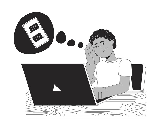 Sad african american boy doing homework black and white 2D line character