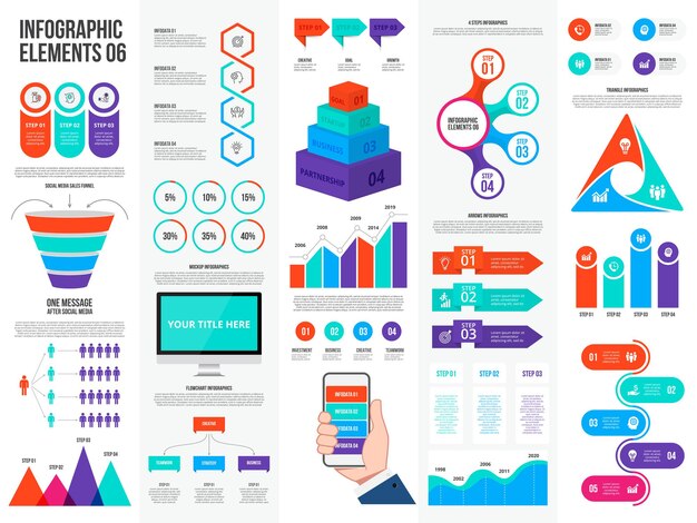 Sæt af de infografiske elementer. Tragt, smartphone, skærm, statistik, cyklus og flowdiagram.