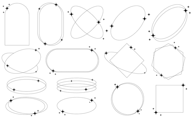 Sæt af geometriske, æstetiske abstrakte linjerammer og former med stjerner i boheme brutalistisk Y2K-stil