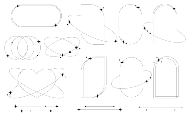 Sæt af geometriske, æstetiske abstrakte linjerammer og former med stjerner i boheme brutalistisk Y2K-stil