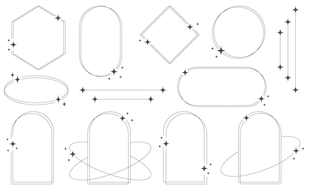 Sæt af geometriske, æstetiske abstrakte linjerammer og former med stjerner i boheme brutalistisk Y2K-stil