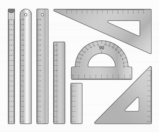 Sæt af metal linealer. Kunst måle kontorartikler og skoleartikler. illustration på hvid.