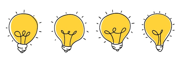 Sæt af skinnende lampe lys pære håndtegnet doodle vektor illustration isoleret på hvid baggrund
