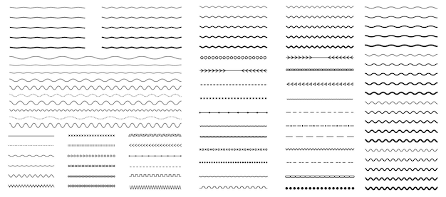 Sæt af vektorlinjer, kanter, linjer, bølger, zigzag-kanter, geometrisk vintage linjekollektion, doodle-design, vektorillustration