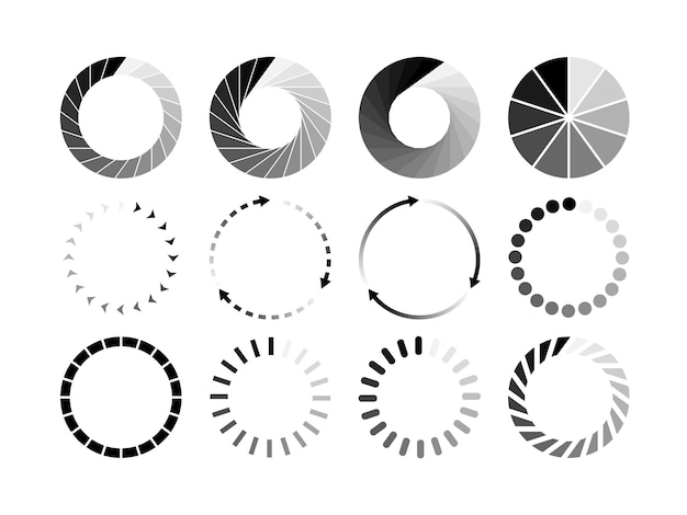 Sæt af webstedsindlæsning sort ikon isoleret på hvid baggrund. Ikon for download- eller uploadstatus. illustration.