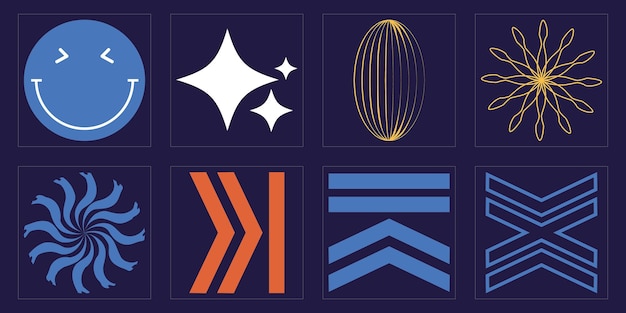 Sæt af Y2K-stil-vektorer af objekter Stor samling af abstrakte grafiske geometriske symboler Cyberpunk-elementer