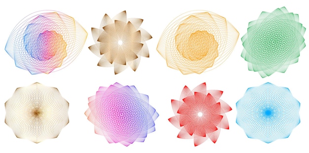 Sæt designelement cirkel Isolerede farver i fed vektor gylden ring fra Abstrakte glødende bølgestriber af mange glitrende hvirvler skabt ved hjælp af Blend Tool Vektorillustration EPS10 til din præsentation