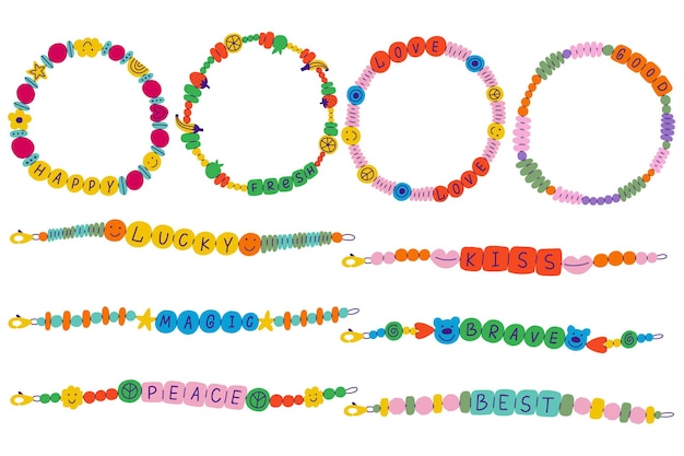 Sæt Funky Armbånd Håndlavet kollektion elsker plastik perler kidcore Y2K smykker Vektor elementer håndtegnet 90'er stil