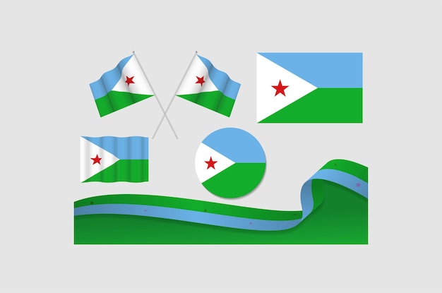 Sæt med Djiboutis flag i forskellige designs. Ikon flager flag med bånd med baggrund. Vektor