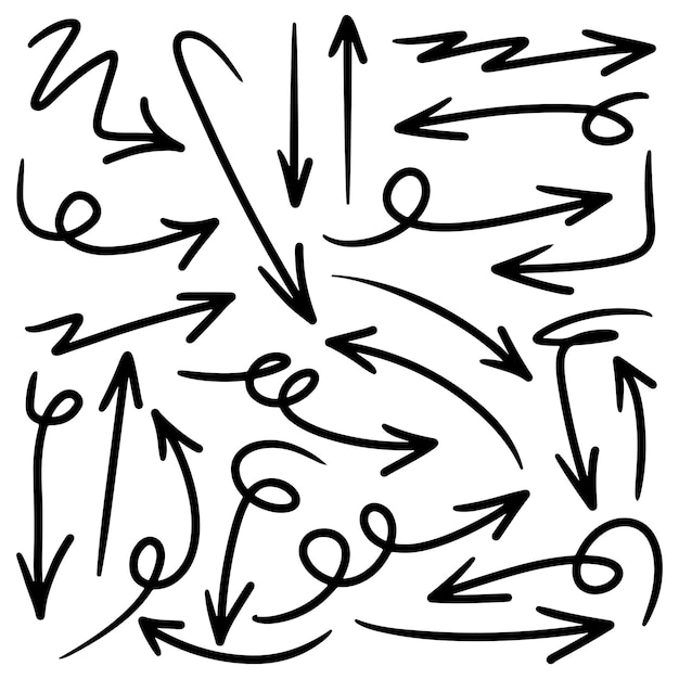 Sæt med håndtegnede vektor pile krusedulledesignelementer på hvid baggrund - vektorillustration