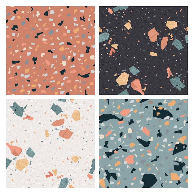 Sæt med terrazzo-mønster. Abstrakt baggrund for gulvbelægning, marmortekstur bestående af granit-, sten-, kvartsfragmenter og beton. Vektorillustration