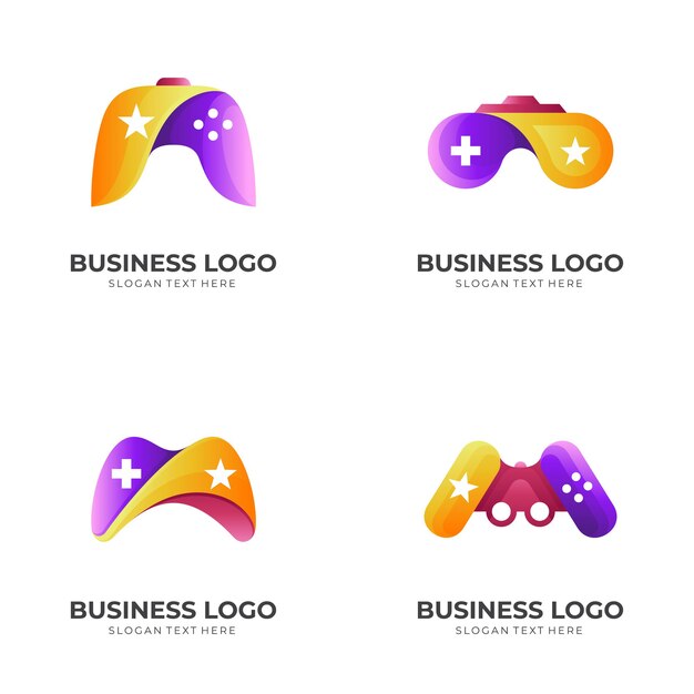 Sæt stjerne spil logo, joystick og stjerne med 3d farverig stil