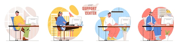 Sæt supportcenter flat design koncept illustration af folk karakterer