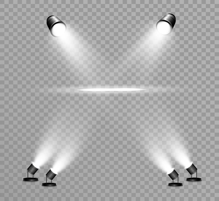 Vektör sahne aydınlatması ve şeffaf ışık efektleri için searchlight koleksiyonu. spot ışıklarıyla parlak, güzel aydınlatma.