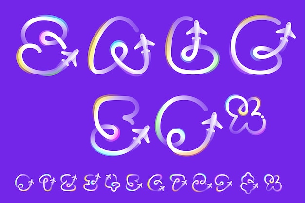 Sale banner with number set made of one gradient line with plane icon and rainbow shine Overlapping emblem