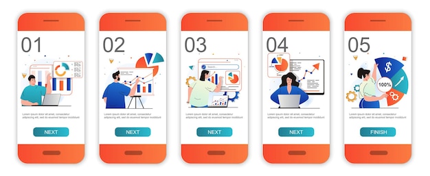 sales performance concept onboarding screens for mobile app templates marketers analyze data