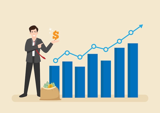 Sales person marketing or investment professional earning profit or sale commission money growth planning or success financial advisor concept confident businessman hold dollar with growth chart