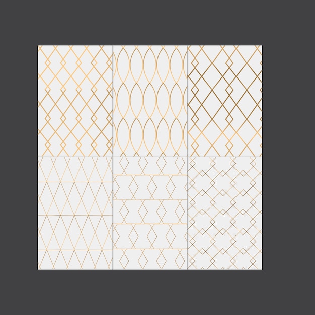 Samling af dekorative, luksuriøse, geometriske og sømløse mønstre i guld. Gentagelige ornamentale ele