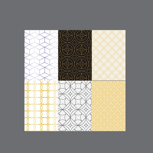Samling af dekorative, luksuriøse, geometriske og sømløse mønstre i guld. Gentagelige ornamentale ele