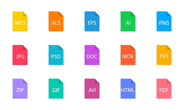 Samling af filtypeikoner Format og udvidelse af dokumenter