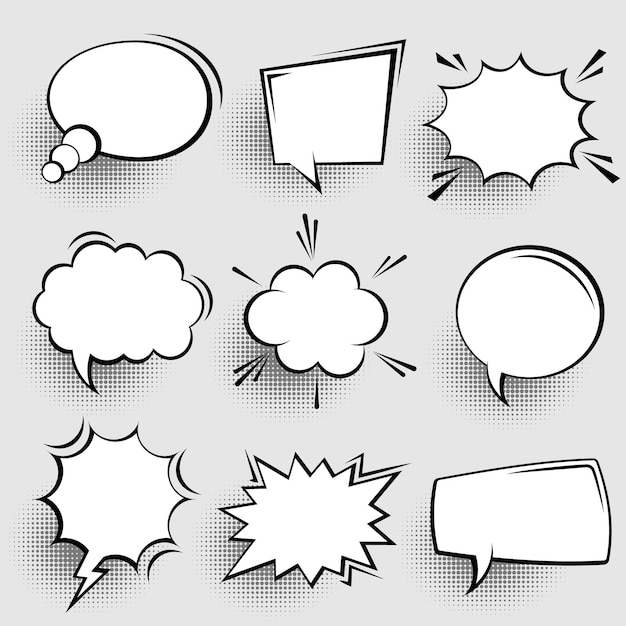 Samling af tomme talebobler i tegneseriestil med halftone-skygger, håndtegnede retro cartoon stickers pop