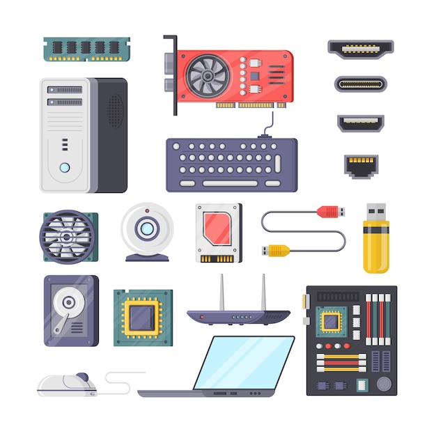 Samling computer hardware elementer isometrisk ikon vektor illustration webcam videokort SD HDD