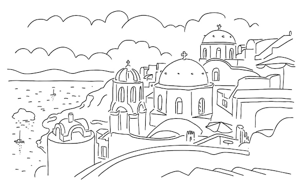 Santorini ø Grækenland Smuk traditionel hvid arkitektur Lineær vektorillustration