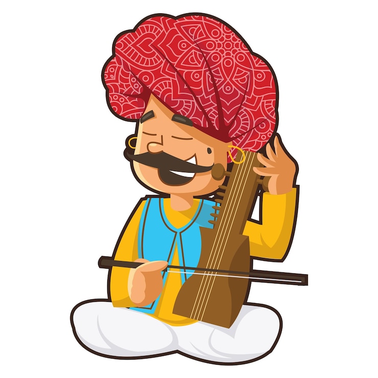 Vektör sarangi enstrümanı çalan rajasthanlı adamın çizimi