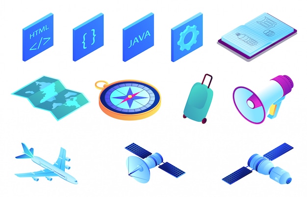 Satellite and web development isometric 3D illustration set.