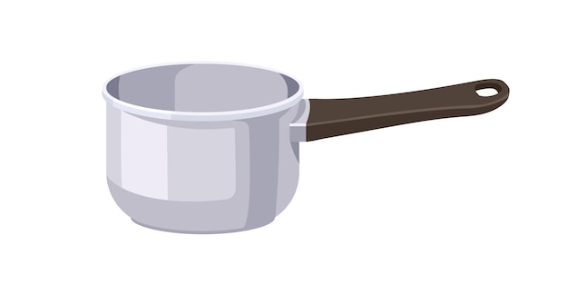 Saucepan cooking pot Saute pan with long handle Deep empty sauce utensil with tall sides Metal stainless steel kitchenware for cook Flat vector illustration isolated on white background