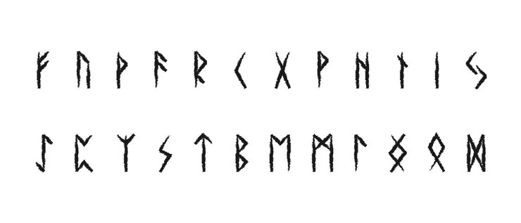 Vektor scandinavian runes drawn with grunge black symbols of letters of ancient germans and norwegians ettir hieroglyphic alphabet with clinographic vector futhark