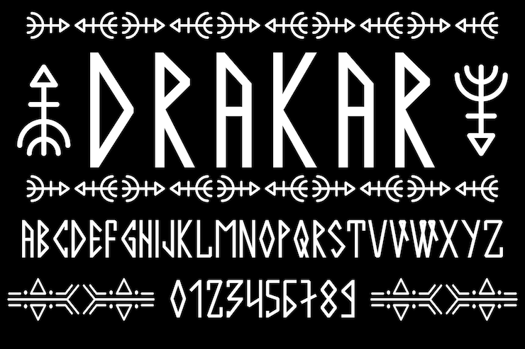 Vektor scandinavian script, in capital letters in the style of nordic runes. modern design. a magical rune font in the ethnic style of the northern peoples. latin letters, numbers. vector illustration.