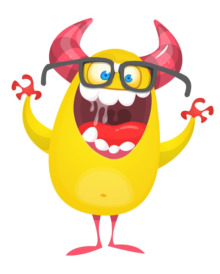 Vektor scary cartoon pink monster wearing eyeglasses and waving vector cute monster mascot illustration for halloween