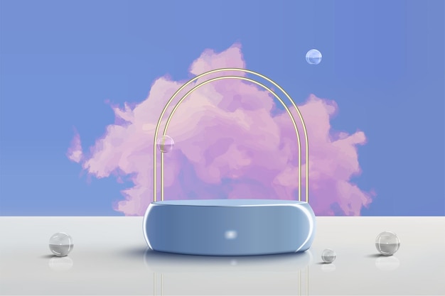 Scene med podiestand til produktplacering med realistisk sky og glaskugler