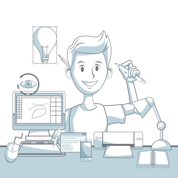 Scene silhouette color sections shading of guy designer and elements graphic design 