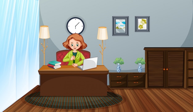 Scene with woman working at home on her computer