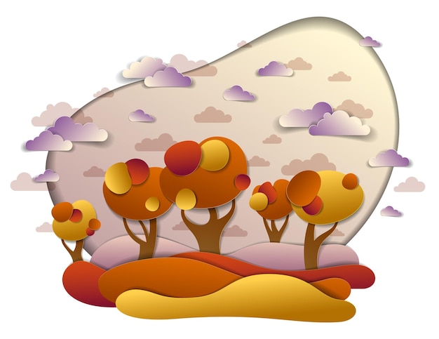 Scenic autumn landscape of meadows and trees, cloudy sky with birds and sun, fall fields and grasslands vector illustration in paper cut kids style. Autumn in countryside, travel and tourism.