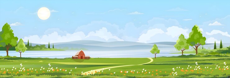 Vektor scenic landscape with a house lake and trees under a bright sky