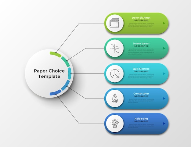 Scheme or flowchart with five elementsor options connected to main circle by lines. Clean infographic design template. Vector illustration for 5-stepped business plan or project visualization.