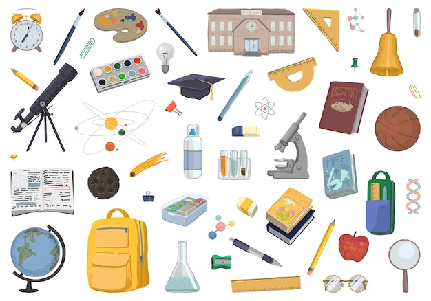 School attributes doodles Set textbooks laboratory classes equipment stationery items Cartoon