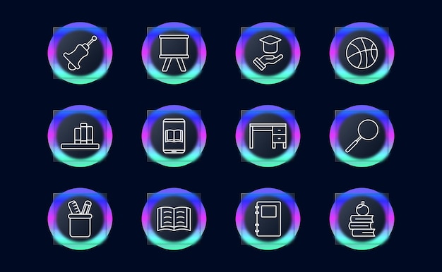 School set icon School bell blackboard student cap learning school items basketball magnifying glass loupe desk books reading diary glassmorphism school supplies Education concept