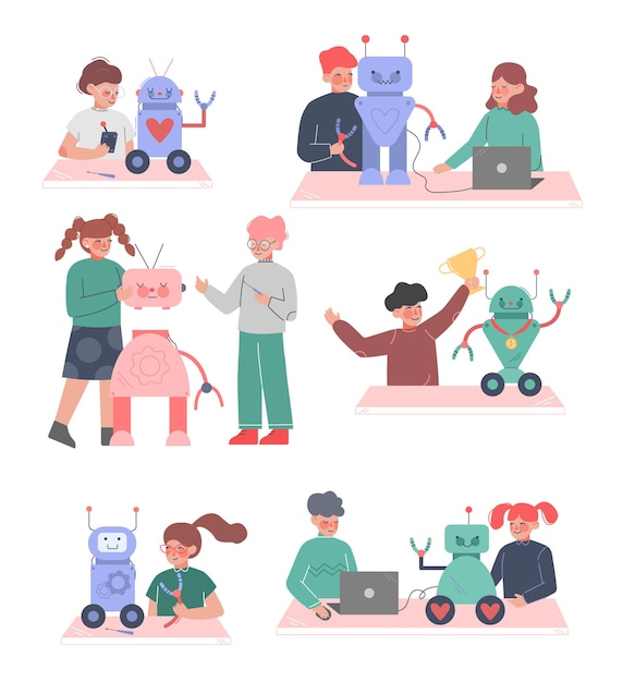 School Students Creating Robots Set Boys and Girls Engineers Characters Working on Educational Project Cartoon Style Vector Illustration
