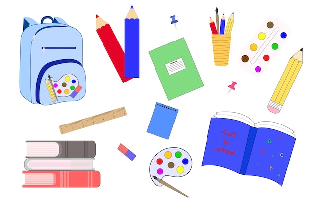 School supplies set Backpack book paints ruler pen pencil calculator brushesvector illustre