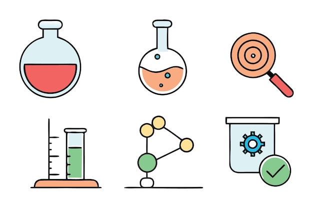 science chemistry and laboratory concept colorful linear icons color offset line icons flat color