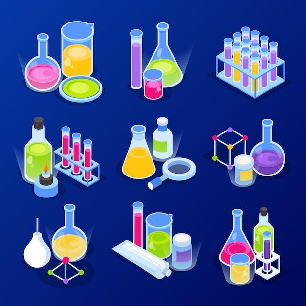 Science research chemical laboratory equipment Set of various test tubes flask jars and bottles
