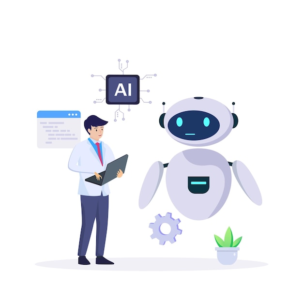 Scientist developing artificial intelligence robot illustration