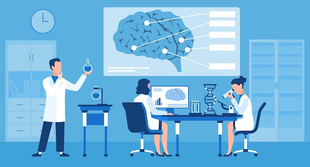 scientists explore human brain in lab doctors group in science laboratory biological or medical research with professional test clinical equipment cartoon flat isolated vector concept