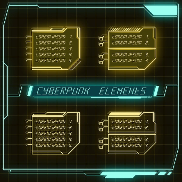 Scifi futuristic panel collection of HUD elements GUI VR UI design Cyberpunk neon glow retro style