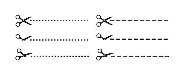 Scissor line icon set Black scissors cut lines on