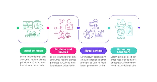 Scooter sharing issues vector infographic template. Illegal parking presentation outline design elements. Data visualization with 4 steps. Process timeline info chart. Workflow layout with line icons